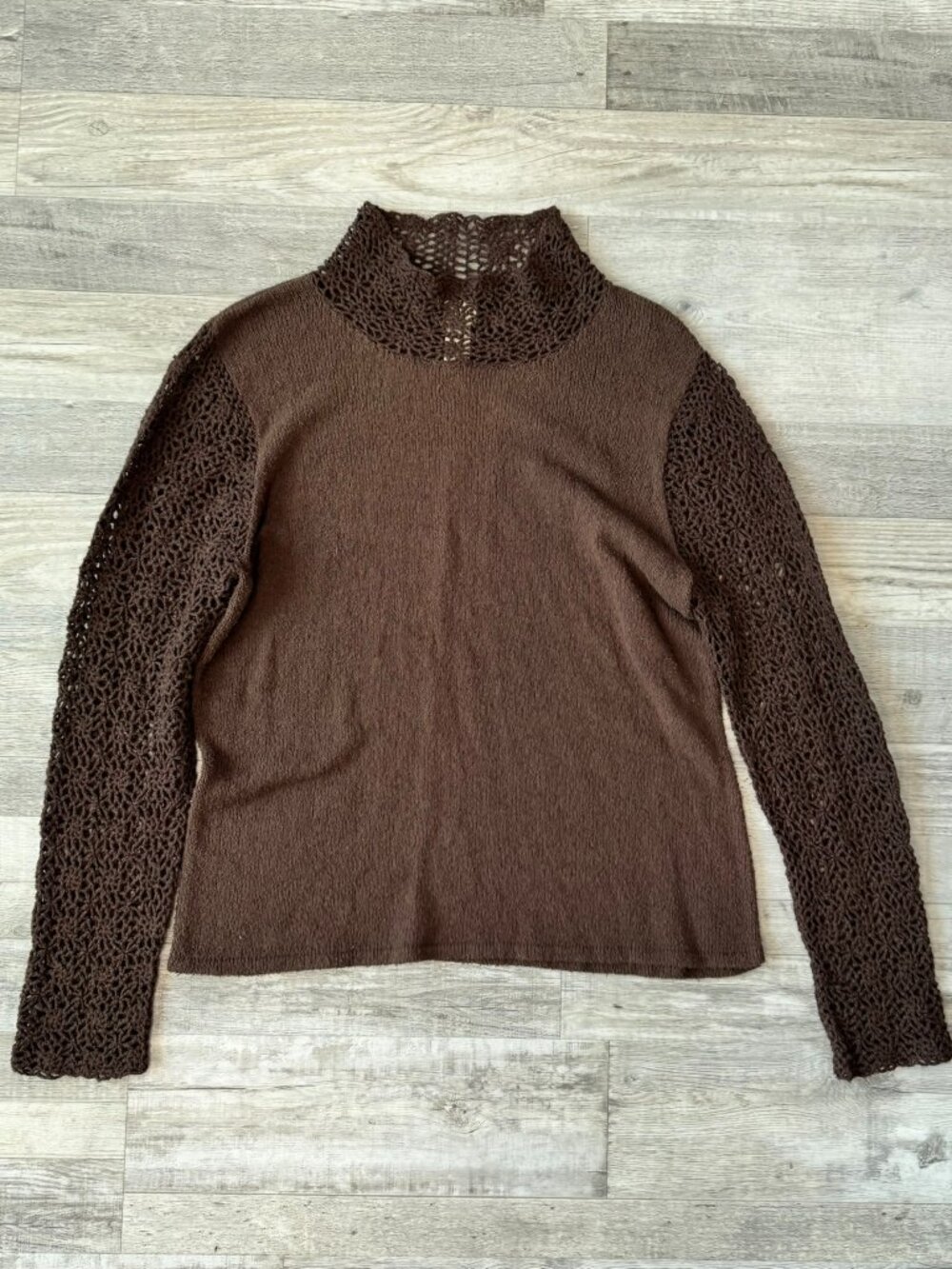 J. Jill Brown Silk Blend Sweater Size Large Crochet Lace Sleeves, Neck H46